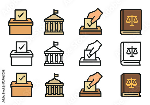 Voting and justice icons: ballot boxes, courthouses, scales of justice in various styles