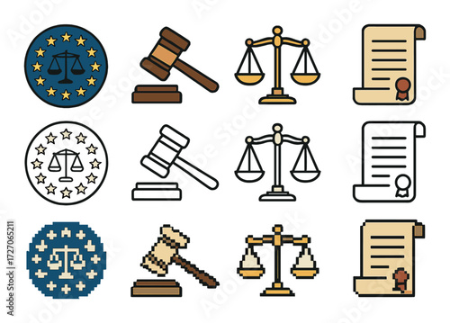 Judicial icons: gavel, scales, and legal document illustrations in various styles