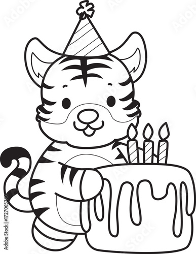 Coloring book of cute tiger character vector clip art for children.  