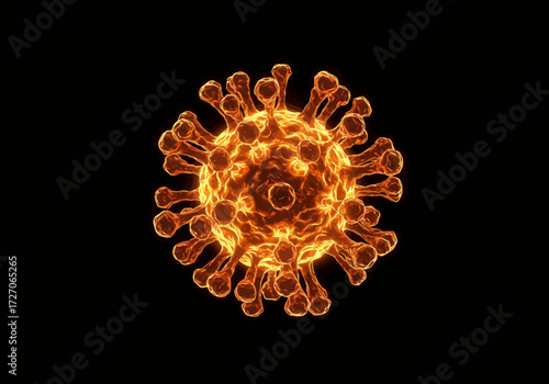 Glowing Orange Coronavirus Rendering on Black Background.
