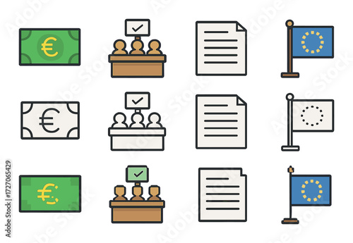 Euro currency, voting, document, and eu flag icons in grid layout