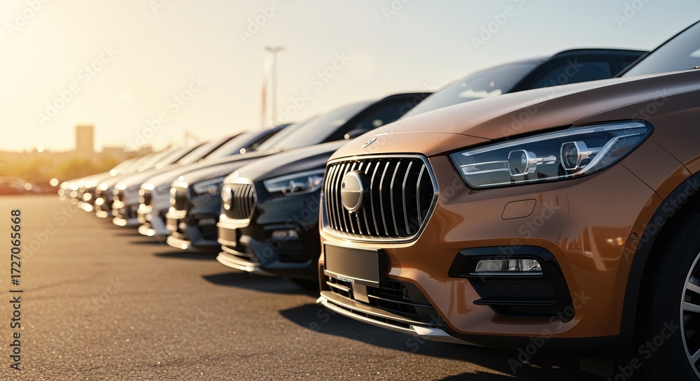 Fototapeta premium Row of Modern Automobiles in a Car Dealership Ready for Customers