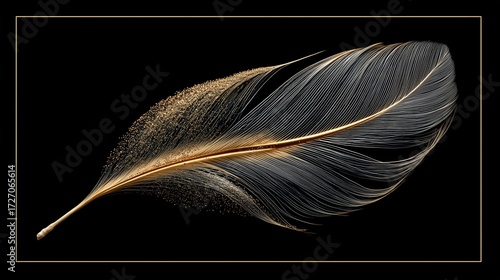 Golden feather with delicate metallic strands and shimmering dust particles on black framed backdrop.