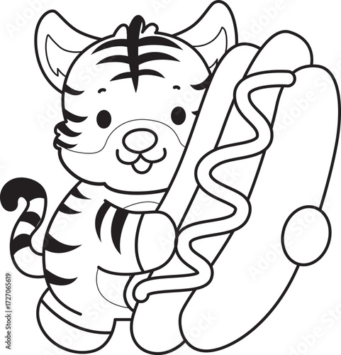 Coloring book of cute tiger character vector clip art for children.  