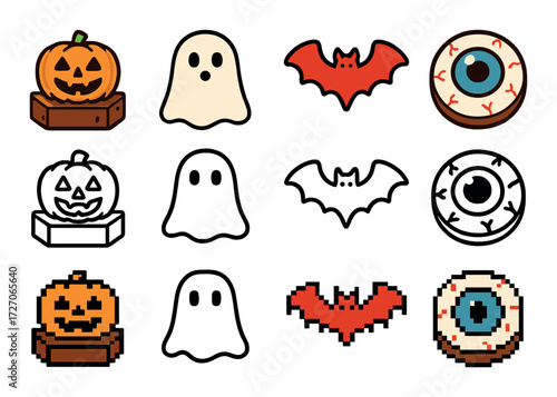 Halloween icons: pumpkin, ghost, bat, eyeball in pixel and outline styles