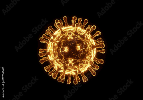 Golden Coronavirus Rendering with Spike Proteins on Black Background.