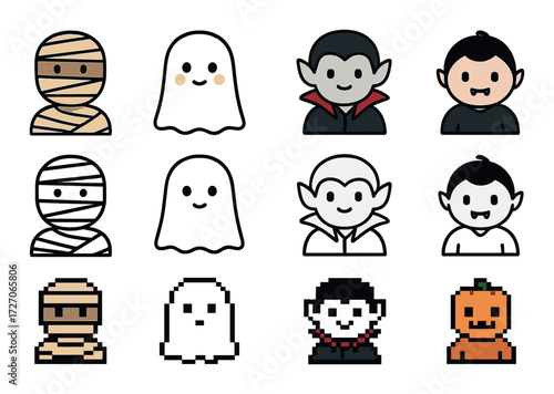 Cute halloween characters: mummy, ghost, vampire, jack-o'-lantern in pixel and line art styles