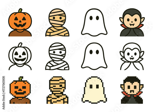 Halloween icons: pumpkin, mummy, ghost, and vampire designs for festive decorations