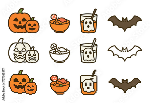 Halloween pixel art icons: pumpkins, ghost drink, bats, candy bowl