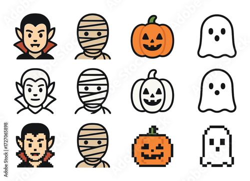 Pixel halloween icons: vampires, mummies, pumpkins, and ghosts in cartoon style