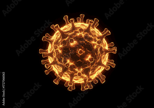 Glowing Orange Coronavirus Cell with Spikes on Black Background.