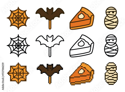 Halloween icons: spider web, bat, pumpkin pie, mummy in pixel and outline styles