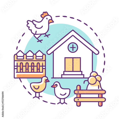 Colorful farm illustration depicting a chicken coop, chickens, and a playful rural scene
