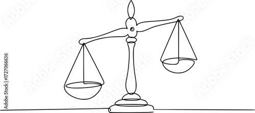 Court legal scale in continuous one drawing. Libra or law identity concept simple vector illustartion, One solid line draws the balance of law and the scope of justice. Libra thin icon. 