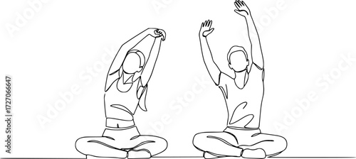 Continuous line art or One Line Drawing of a woman stretching arms is relaxing, Happy man and woman raising hands in an exercise of relax and breathing, one line continuous drawing.