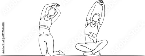 Continuous line art or One Line Drawing of a woman stretching arms is relaxing, Happy man and woman raising hands in an exercise of relax and breathing, one line continuous drawing.