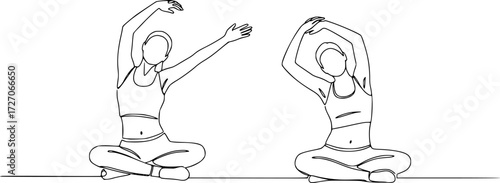 Continuous line art or One Line Drawing of a woman stretching arms is relaxing, Happy man and woman raising hands in an exercise of relax and breathing, one line continuous drawing.