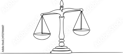 Court legal scale in continuous one drawing. Libra or law identity concept simple vector illustartion, One solid line draws the balance of law and the scope of justice. Libra thin icon. 