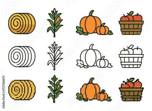 Harvest icons collection: pumpkins, corn, hay bales, apples baskets