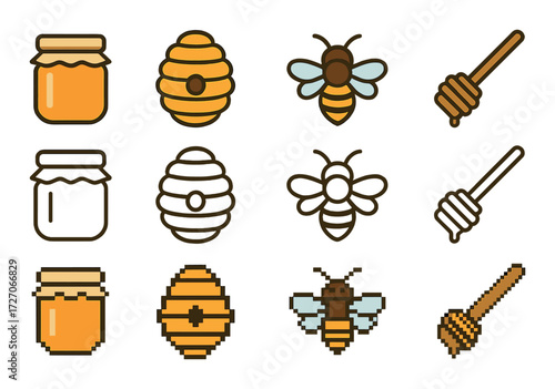 Honey jar and beehive icons with bee and honey dipper in pixel and outline art styles