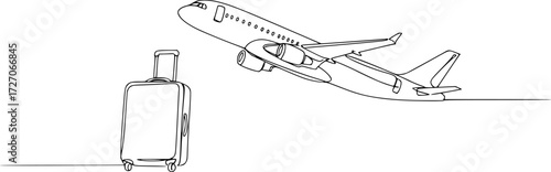 Airplane continious one line art style vector with transparent background, Airplane one line drawing on a white background, Suitcase and airplane drawn with one editable ontinuous single line drawing.