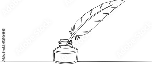 Inkwell and pen continuous line drawing. One line feather with ink vector illustration, Continuous One line drawing of Traditional Quill and Ink. Traditional feather quill with a basic ink bottle.