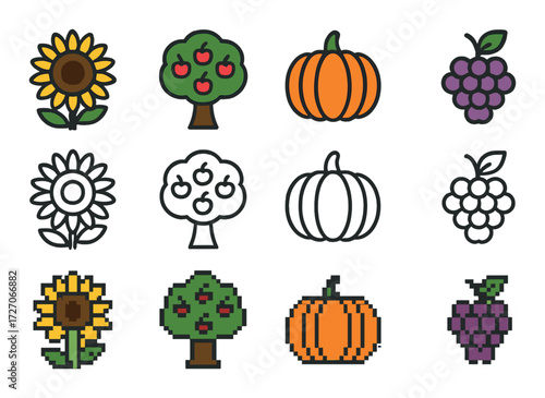 Colorful pixel art icons: sunflower, apple tree, pumpkin, grapes