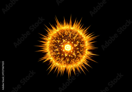 Fiery Spiked Sphere with Central Glow on Black Background.