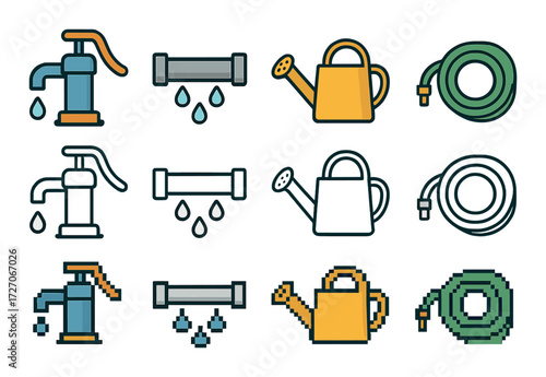 Colorful icon set of water pumps, pipelines, watering cans, and garden hoses on blurred background