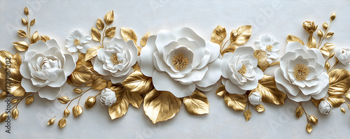 Ornamental flower sculpture in white with gilded petal edges and golden foliage, delicate textured arrangement symbolizing refinement, luxury, and artistic floral elegance.