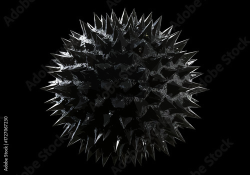 Spiky Dark Sphere with Sharp Protrusions on Black Background.