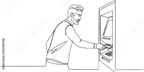 Continuous line of man taking money from the ATM, Handsome man taking money from the ATM. Professional illustration isolated on white background.
