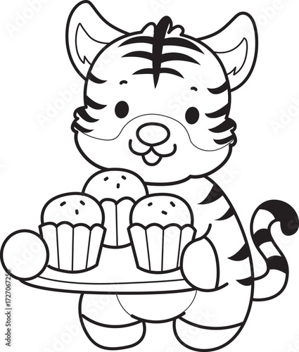 Coloring book of cute tiger character vector clip art for children.  