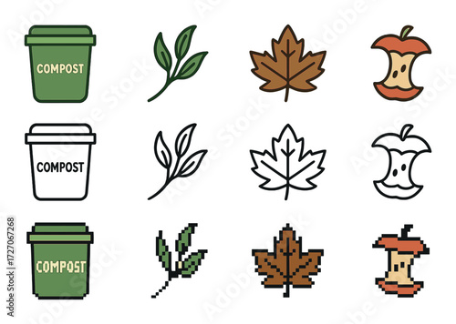 Set of compost bins with leaf and apple core icons in various styles