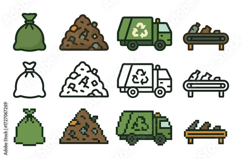 Recycling and waste management icons: trucks, bags, conveyor belts, and garbage piles
