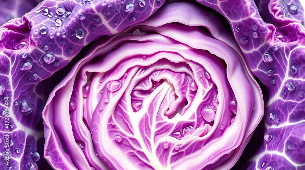Obraz premium Extreme Macro Shot of Red Cabbage Leaf with Water Drops, Abstract Organic Pattern of Fresh Cruciferous Vegetable