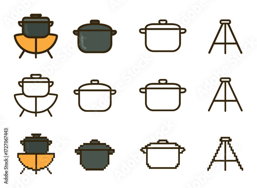 Collection of minimalist cooking pot icon designs on brown background