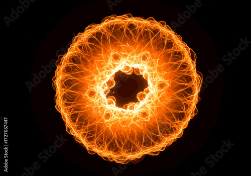 Fiery Abstract Donut Shape with Intricate Filament Details on Black Background.