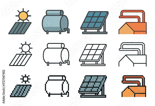 Renewable energy icons featuring solar panels and water heaters
