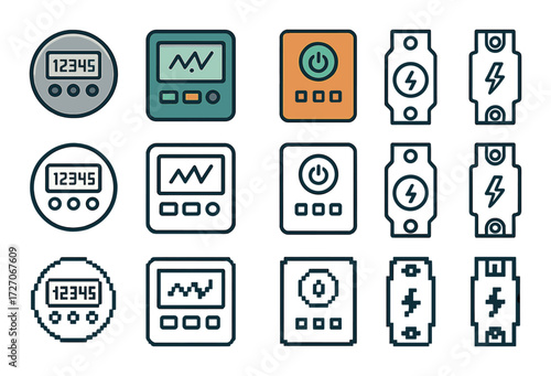 Digital device icons: meters and controls in pixel, outline, and filled styles