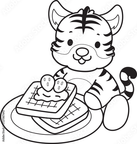 Coloring book of cute tiger character vector clip art for children.  