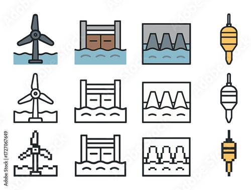 Renewable energy icons: tidal, hydro, and wave power technologies overview