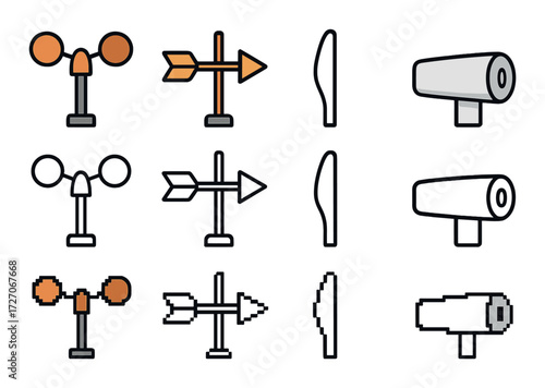 Weather instruments: anemometer, wind vane, windsock, and rain gauge icons
