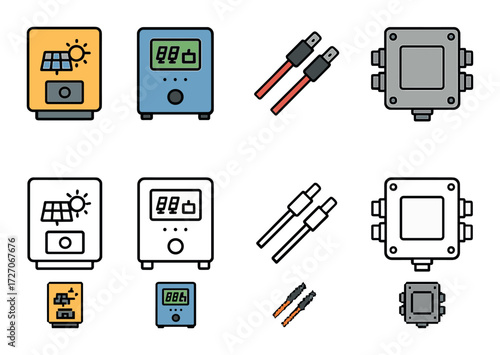 Solar power system components and connectors on gradient background