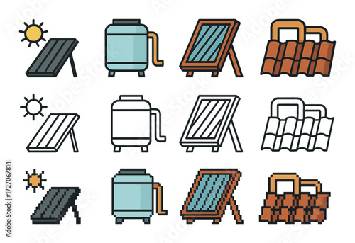 Pixelated solar energy icons: panels, water heater, roof tiles in flat design