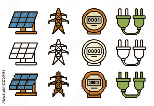 Solar panels, power lines, electrical meters, and plugs - energy icons