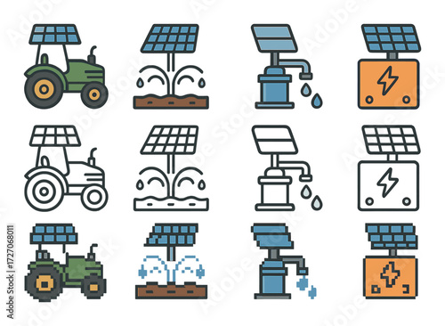 Solar-powered farming equipment icons: sustainability in agriculture