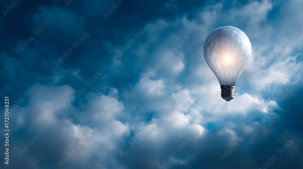 Fototapeta premium A bright light bulb symbolizing creative inspi n floats in a dramatic cloudy sky