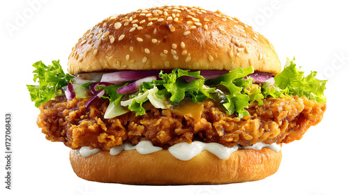 Crispy Fried Chicken Burger with Lettuce and Onion on Sesame Seed Bun sandwich isolated on a transparent background