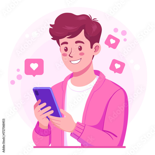Social Media Marketing. Man with Smartphone and Icons Vector Illustration